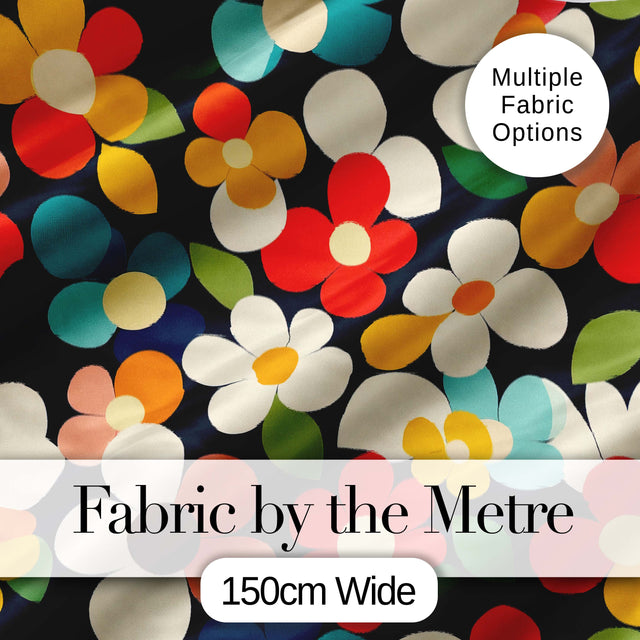 Colorful Daisy Flowers Dark Background Seamless Pattern Digital Print Fabric by the Metre UK Sewing Quilting Textile