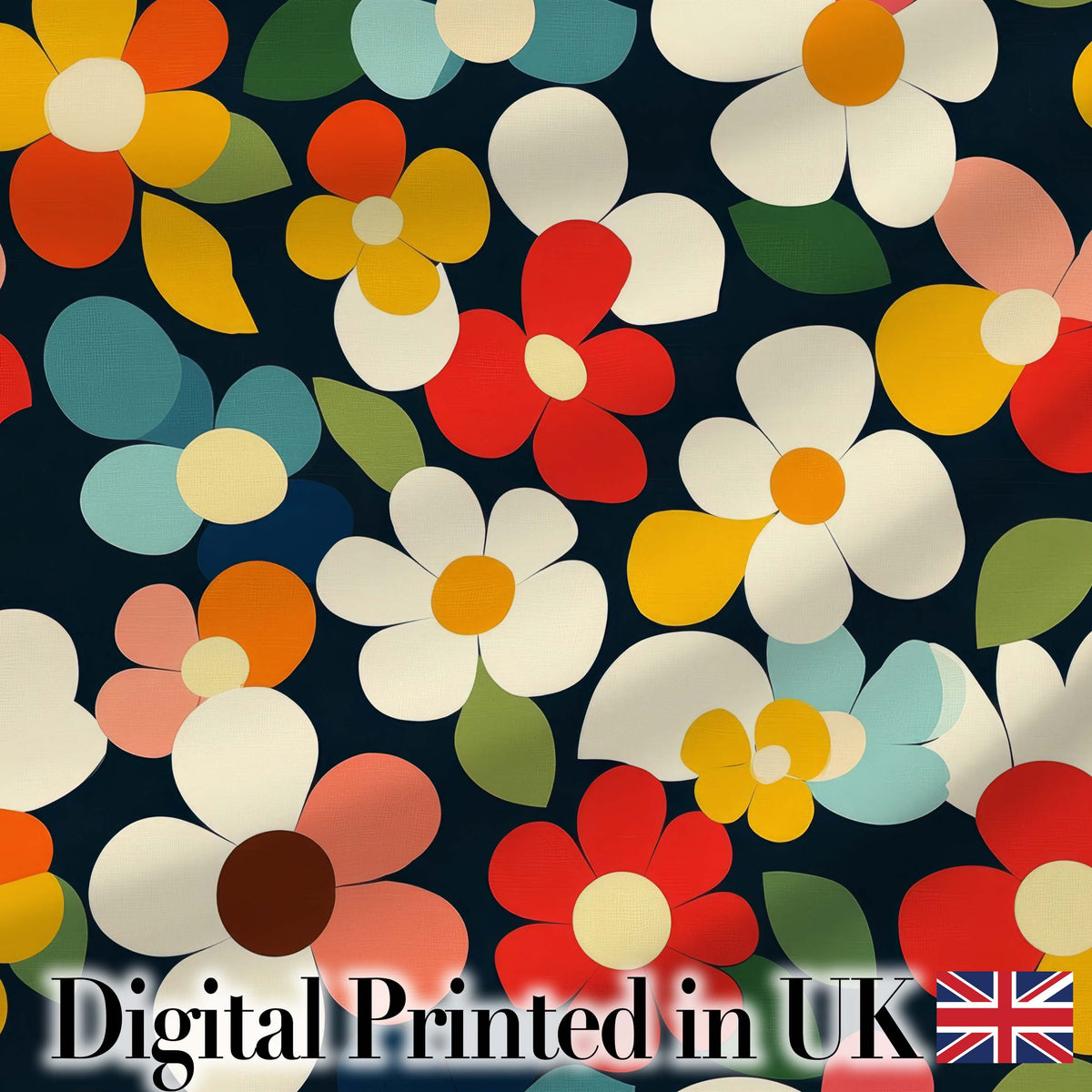 Colorful Daisy Flowers Dark Background Seamless Pattern Digital Print Fabric by the Metre UK Sewing Quilting Textile