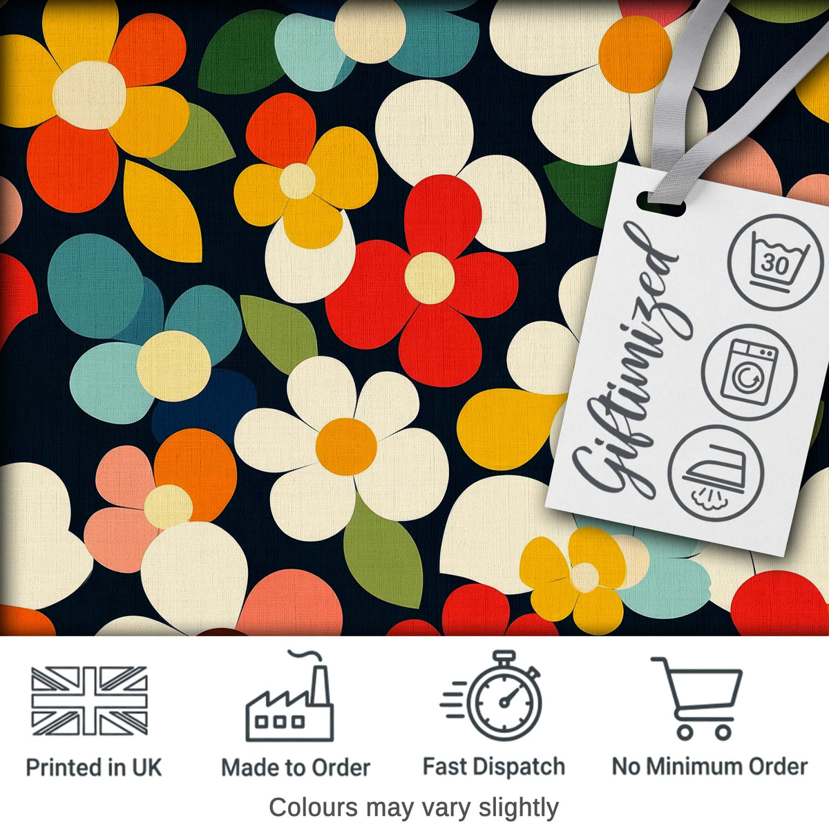 Colorful Daisy Flowers Dark Background Seamless Pattern Digital Print Fabric by the Metre UK Sewing Quilting Textile