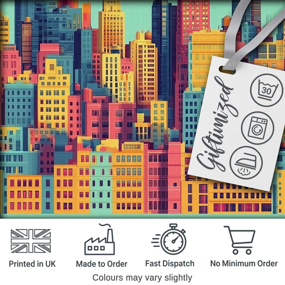 Colorful Stylized Cityscape Buildings Illustration Seamless Pattern Digital Print Fabric by the Metre UK Sewing Quilting Textile