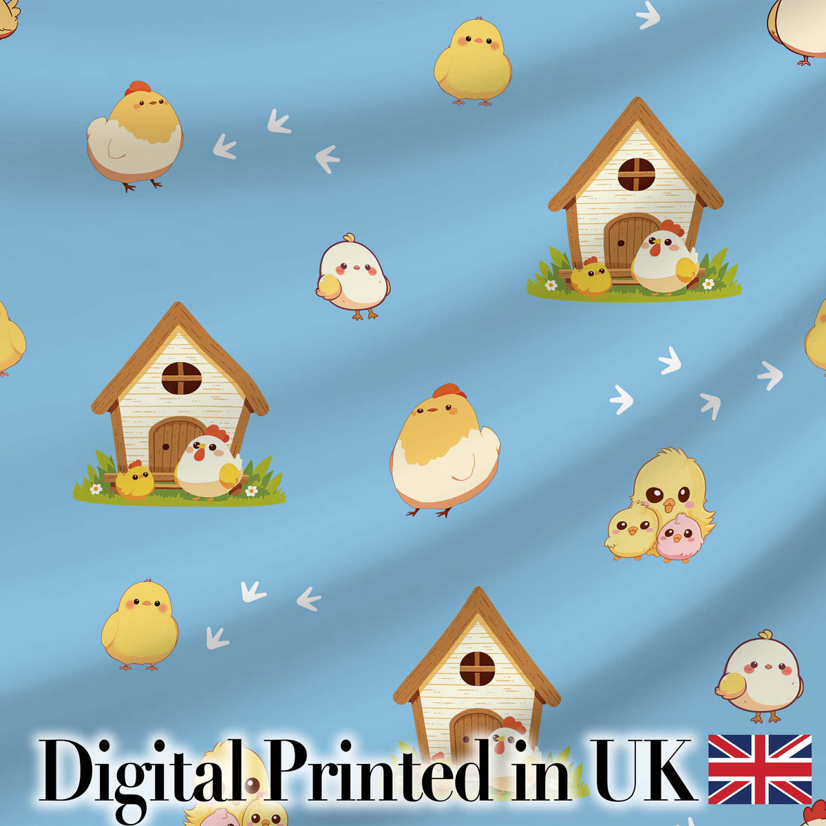 Cute Baby Chickens Blue Background Seamless Pattern Digital Print Fabric by the Metre UK Sewing Quilting Textile