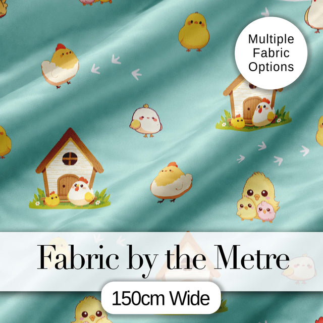Cute Cartoon Chickens Farmhouse Pattern Soft Mint Background Seamless Digital Print Fabric by the Metre UK Sewing Quilting Textile