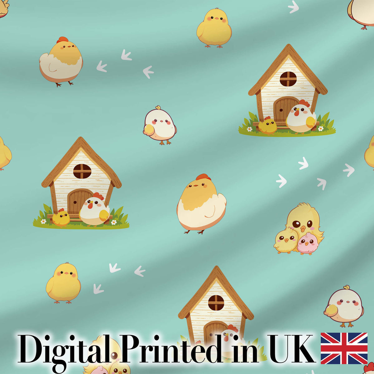 Cute Cartoon Chickens Farmhouse Pattern Soft Mint Background Seamless Digital Print Fabric by the Metre UK Sewing Quilting Textile