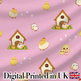Cute Cartoon Chickens Farmhouse Pattern Rose Pink Background Seamless Digital Print Fabric by the Metre UK Sewing Quilting Textile