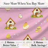Cute Cartoon Chickens Farmhouse Pattern Rose Pink Background Seamless Digital Print Fabric by the Metre UK Sewing Quilting Textile