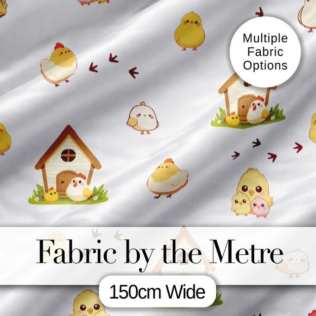 Cute Cartoon Chickens Farmhouse Pattern Light Grey Background Seamless Digital Print Fabric by the Metre UK Sewing Quilting Textile