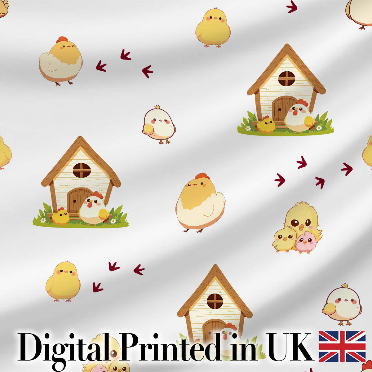 Cute Cartoon Chickens Farmhouse Pattern Light Grey Background Seamless Digital Print Fabric by the Metre UK Sewing Quilting Textile