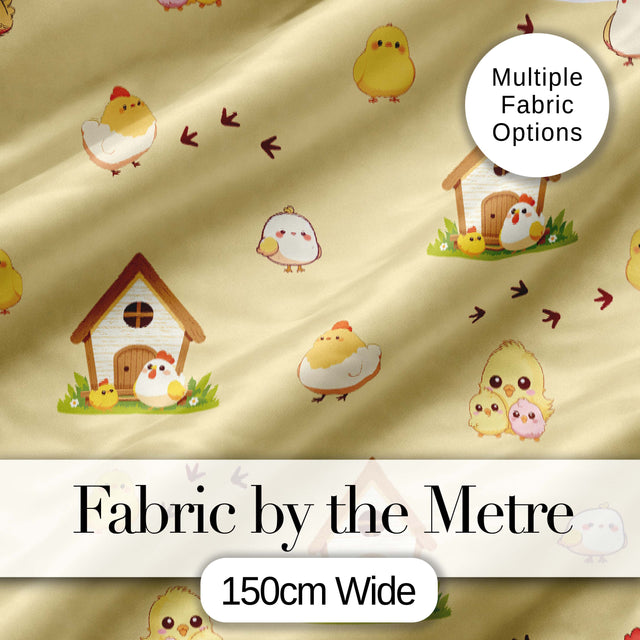 Cute Cartoon Chickens Farmhouse Pattern Soft Yellow Background Seamless Digital Print Fabric by the Metre UK Sewing Quilting Textile
