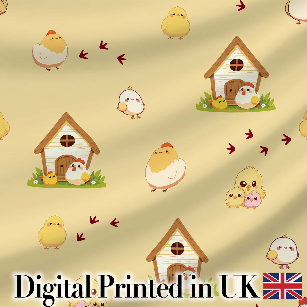 Cute Cartoon Chickens Farmhouse Pattern Soft Yellow Background Seamless Digital Print Fabric by the Metre UK Sewing Quilting Textile