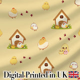 Cute Cartoon Chickens Farmhouse Pattern Soft Yellow Background Seamless Digital Print Fabric by the Metre UK Sewing Quilting Textile