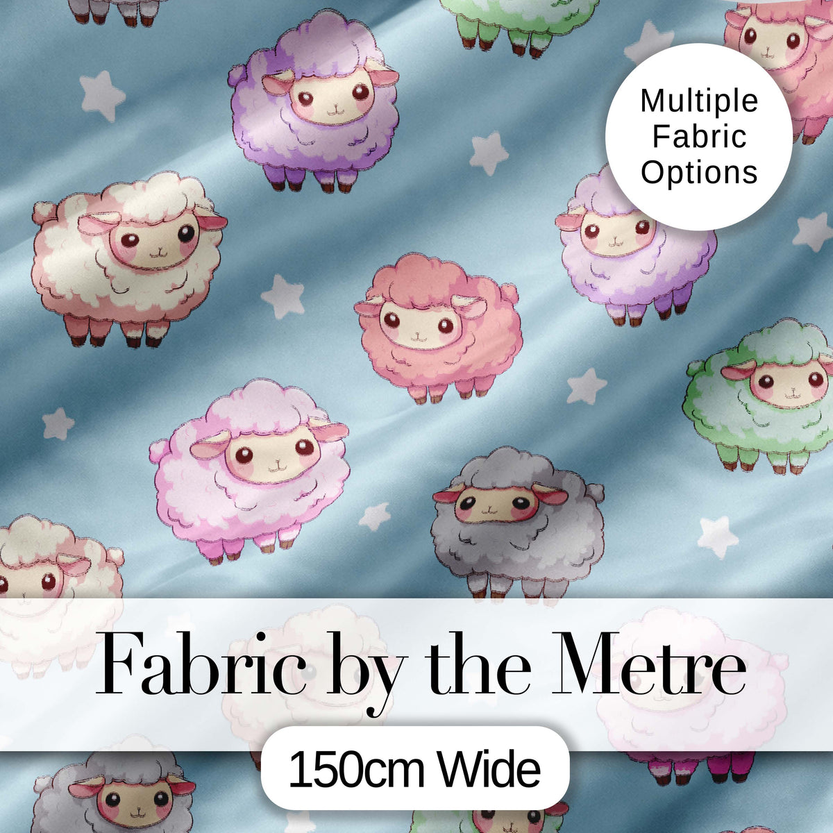 Cute Kawaii Sheep with Starry Sky Background Seamless Pattern Digital Print Fabric by the Metre UK Sewing Quilting Textile