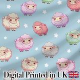 Cute Kawaii Sheep with Starry Sky Background Seamless Pattern Digital Print Fabric by the Metre UK Sewing Quilting Textile