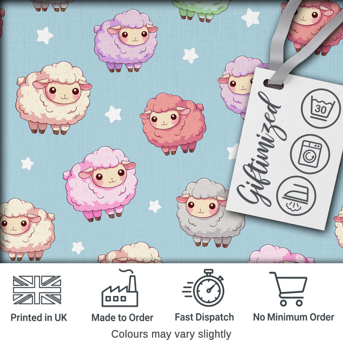 Cute Kawaii Sheep with Starry Sky Background Seamless Pattern Digital Print Fabric by the Metre UK Sewing Quilting Textile