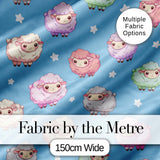Cute Kawaii Sheep with Blue Sky Star Background Seamless Pattern Digital Print Fabric by the Metre UK Sewing Quilting Textile