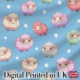 Cute Kawaii Sheep with Blue Sky Star Background Seamless Pattern Digital Print Fabric by the Metre UK Sewing Quilting Textile