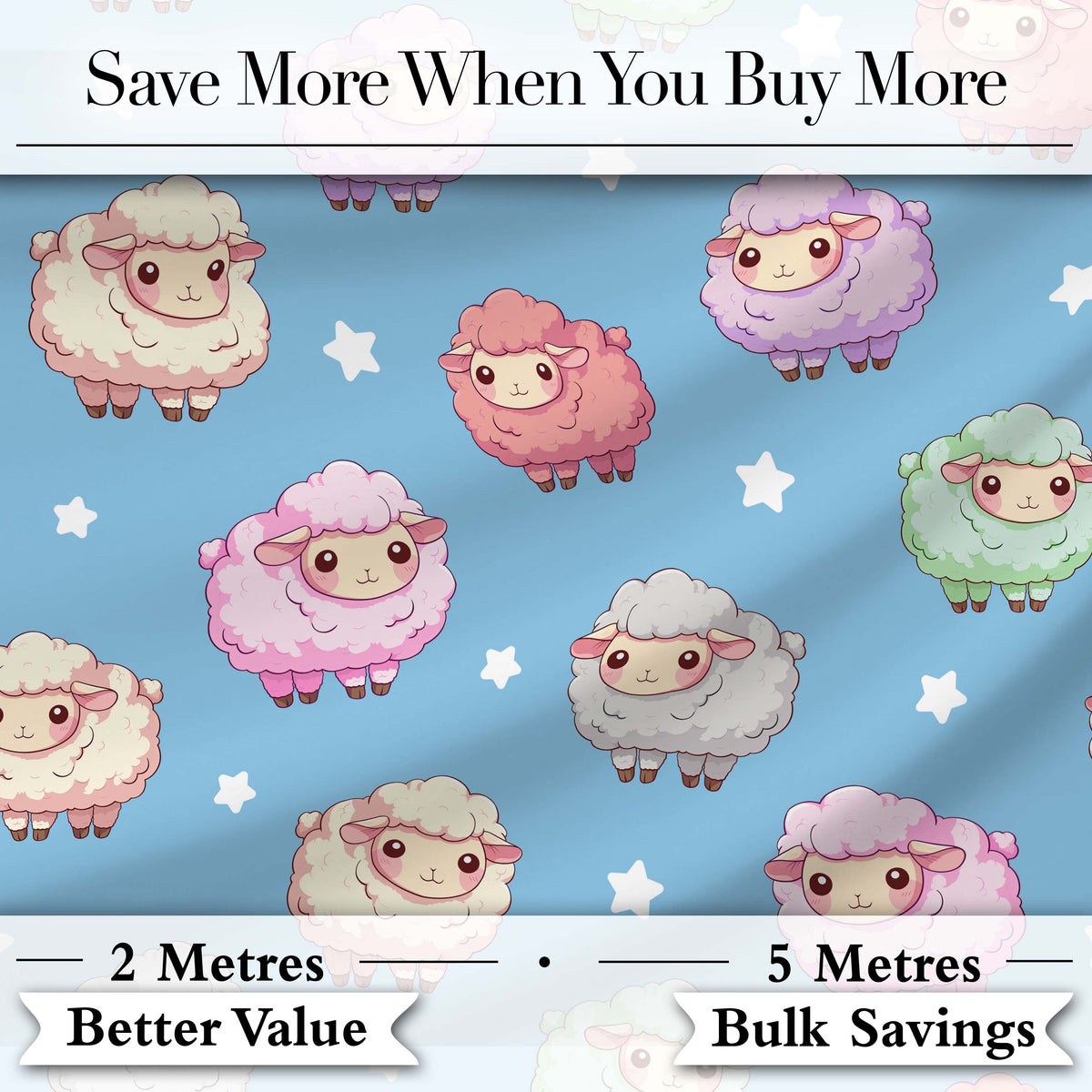 Cute Kawaii Sheep with Blue Sky Star Background Seamless Pattern Digital Print Fabric by the Metre UK Sewing Quilting Textile