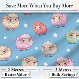 Cute Kawaii Sheep with Blue Sky Star Background Seamless Pattern Digital Print Fabric by the Metre UK Sewing Quilting Textile