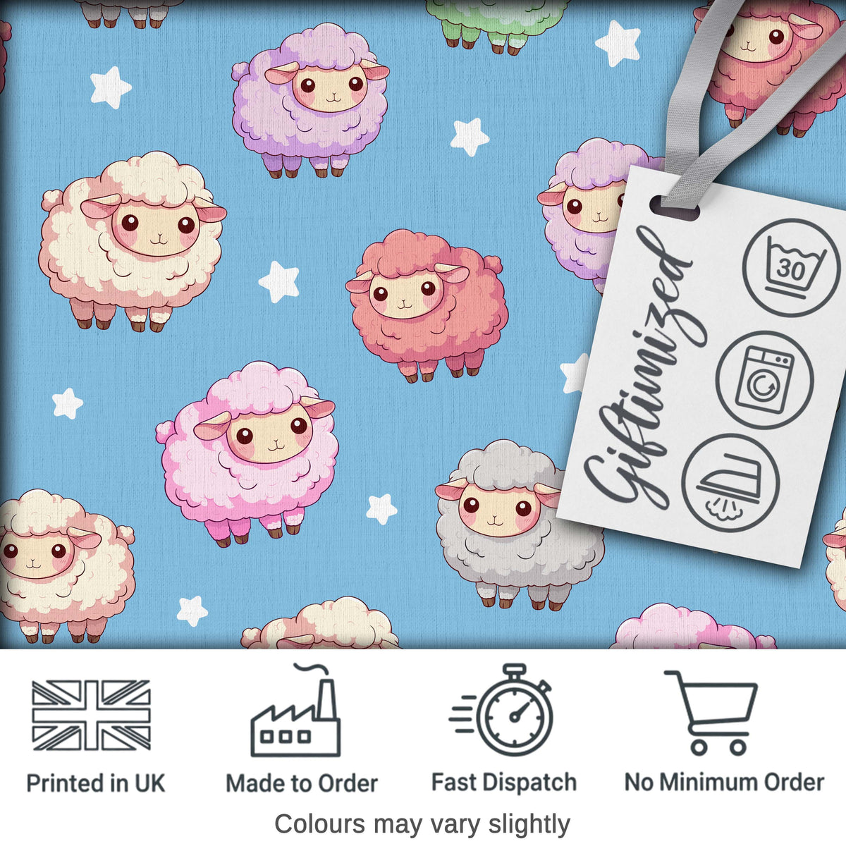 Cute Kawaii Sheep with Blue Sky Star Background Seamless Pattern Digital Print Fabric by the Metre UK Sewing Quilting Textile