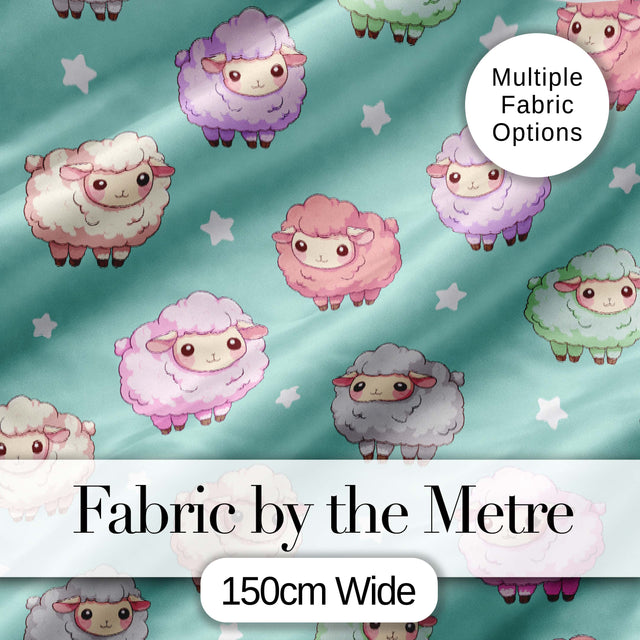 Cute Kawaii Sheep with Mint Star Background Seamless Pattern Digital Print Fabric by the Metre UK Sewing Quilting Textile