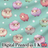 Cute Kawaii Sheep with Mint Star Background Seamless Pattern Digital Print Fabric by the Metre UK Sewing Quilting Textile