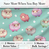 Cute Kawaii Sheep with Mint Star Background Seamless Pattern Digital Print Fabric by the Metre UK Sewing Quilting Textile