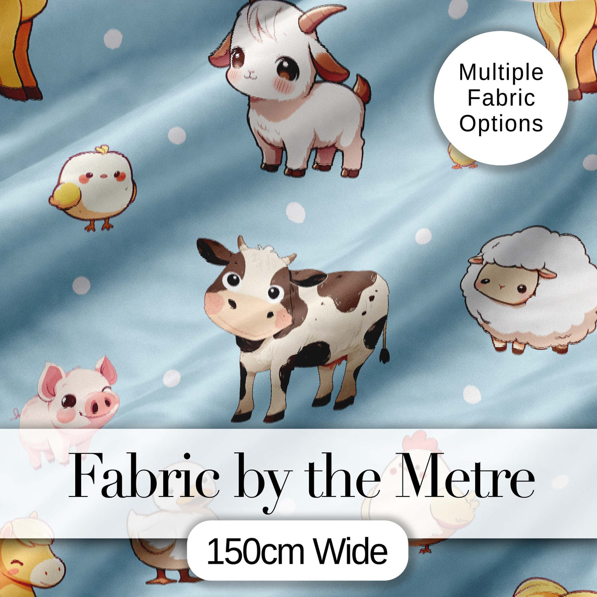 Cute Farm Animals Cow Pig Duck Chicken Seamless Pattern Digital Print Fabric by the Metre UK Sewing Quilting Textile