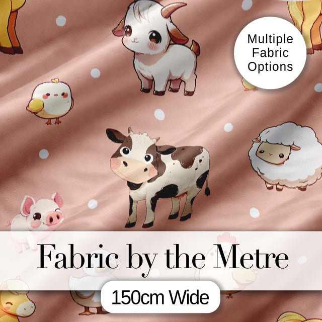 Cute Farm Animals Peach Background Seamless Pattern Digital Print Fabric by the Metre UK Sewing Quilting Textile