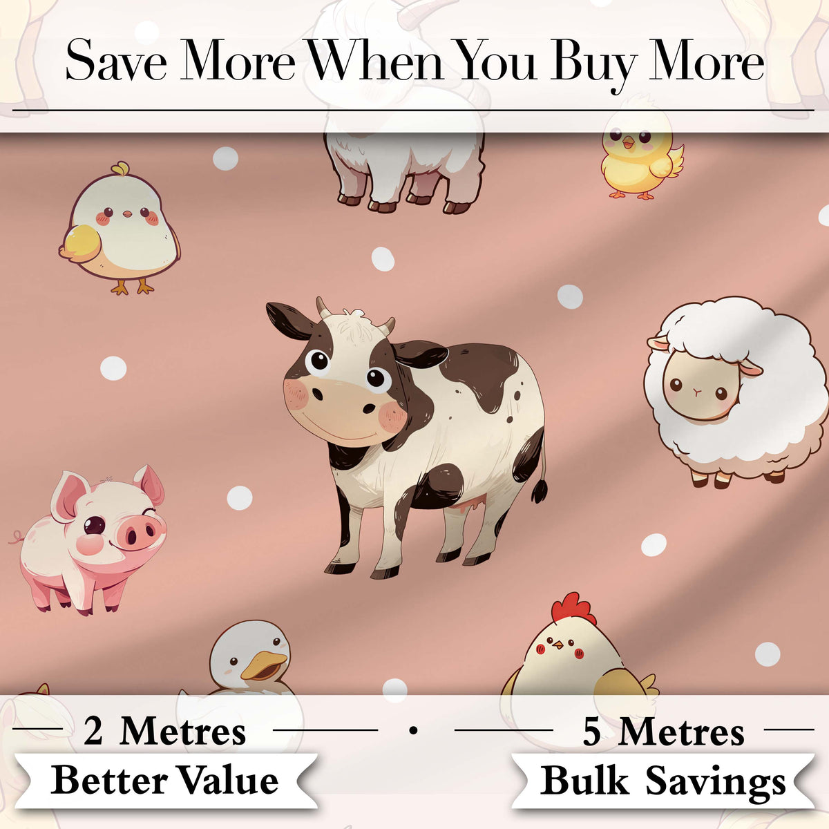 Cute Farm Animals Peach Background Seamless Pattern Digital Print Fabric by the Metre UK Sewing Quilting Textile
