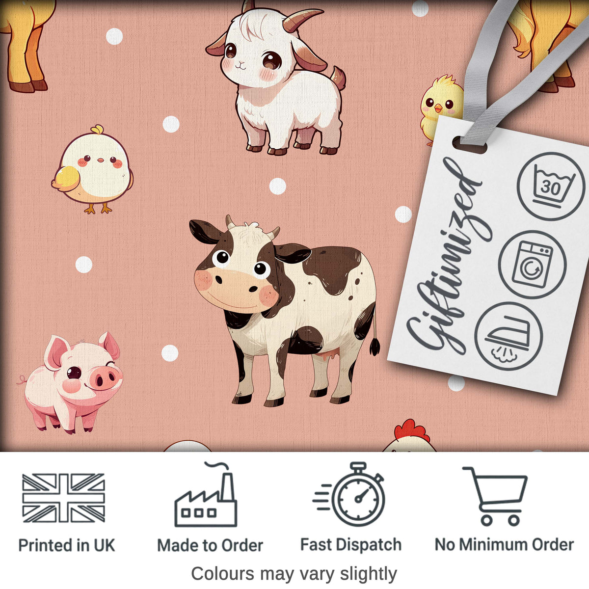 Cute Farm Animals Peach Background Seamless Pattern Digital Print Fabric by the Metre UK Sewing Quilting Textile