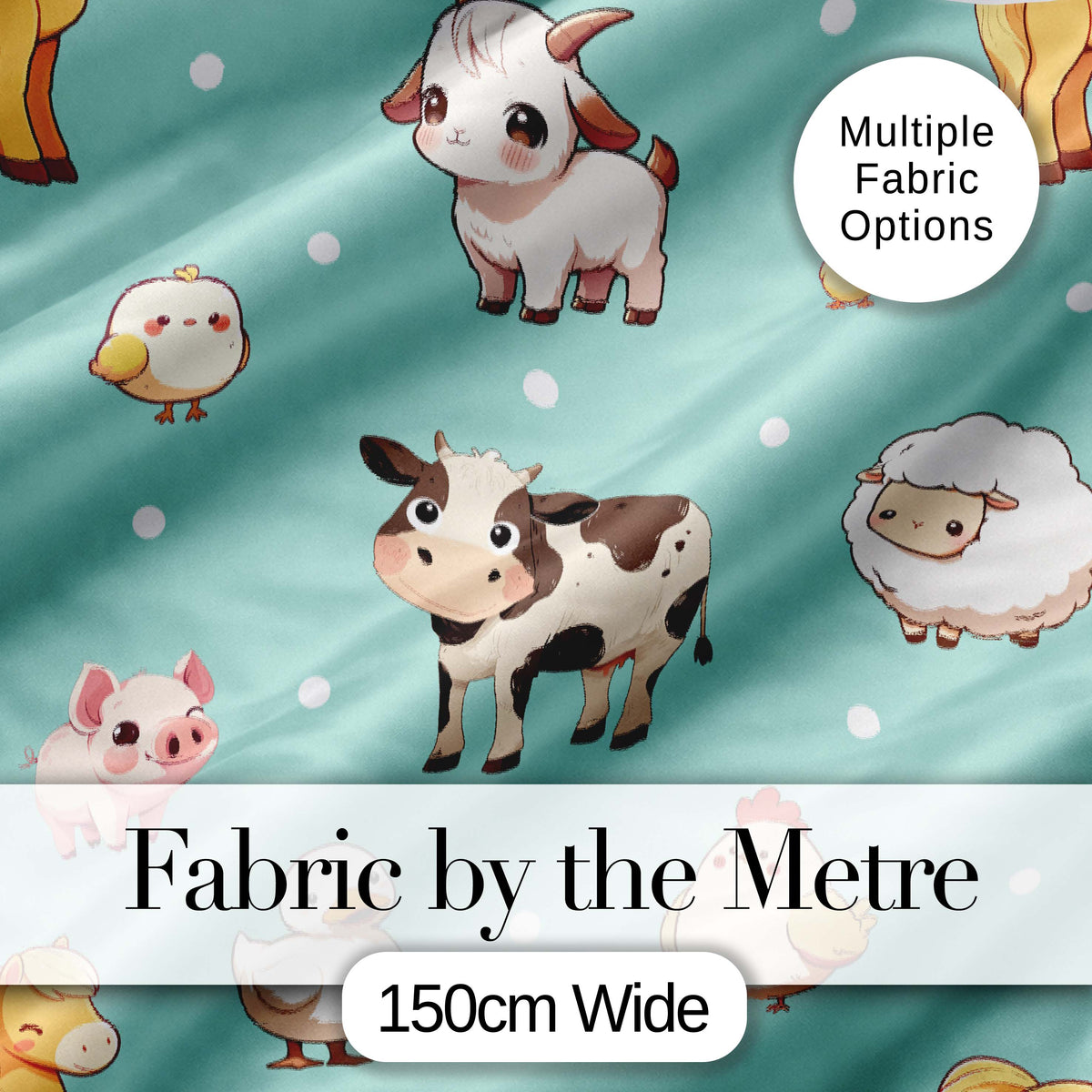 Cute Farm Animals Mint Background Seamless Pattern Digital Print Fabric by the Metre UK Sewing Quilting Textile