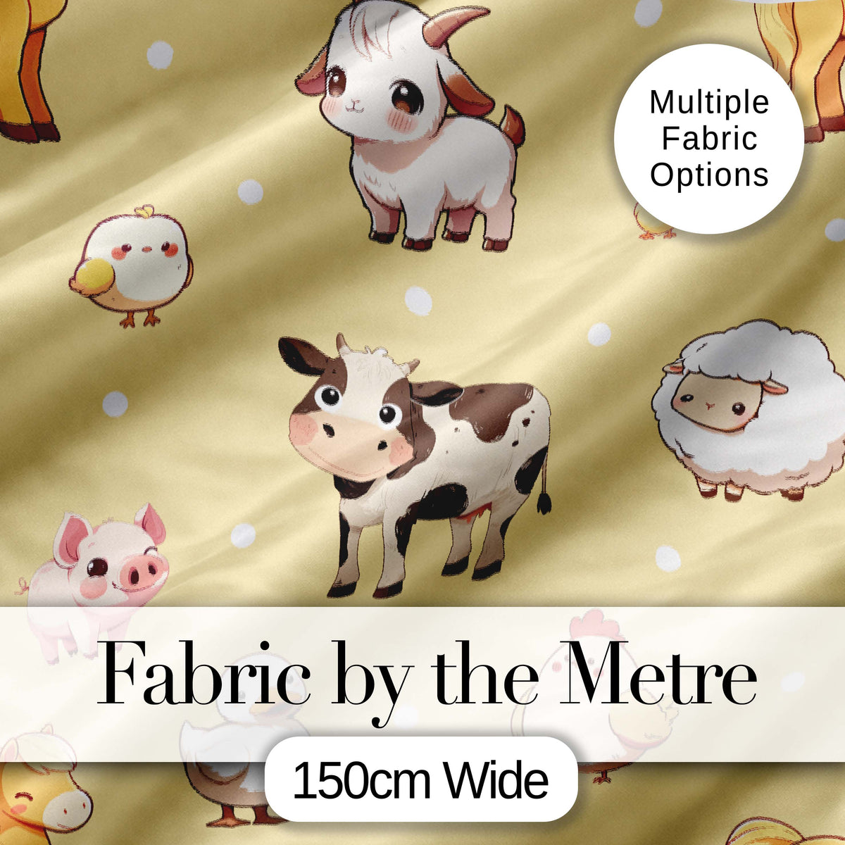 Cute Farm Animals Cow Pig Duck Chicken Yellow Background Seamless Pattern Digital Print Fabric by the Metre UK Sewing Quilting Textile