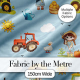 Cute Farm Tractor Duck Girl Farming Scene Blue Background Seamless Pattern Digital Print Fabric by the Metre UK Sewing Quilting Textile