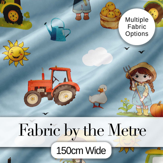Cute Farm Tractor Duck Girl Farming Scene Blue Background Seamless Pattern Digital Print Fabric by the Metre UK Sewing Quilting Textile