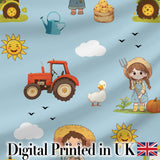 Cute Farm Tractor Duck Girl Farming Scene Blue Background Seamless Pattern Digital Print Fabric by the Metre UK Sewing Quilting Textile