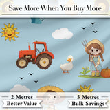 Cute Farm Tractor Duck Girl Farming Scene Blue Background Seamless Pattern Digital Print Fabric by the Metre UK Sewing Quilting Textile