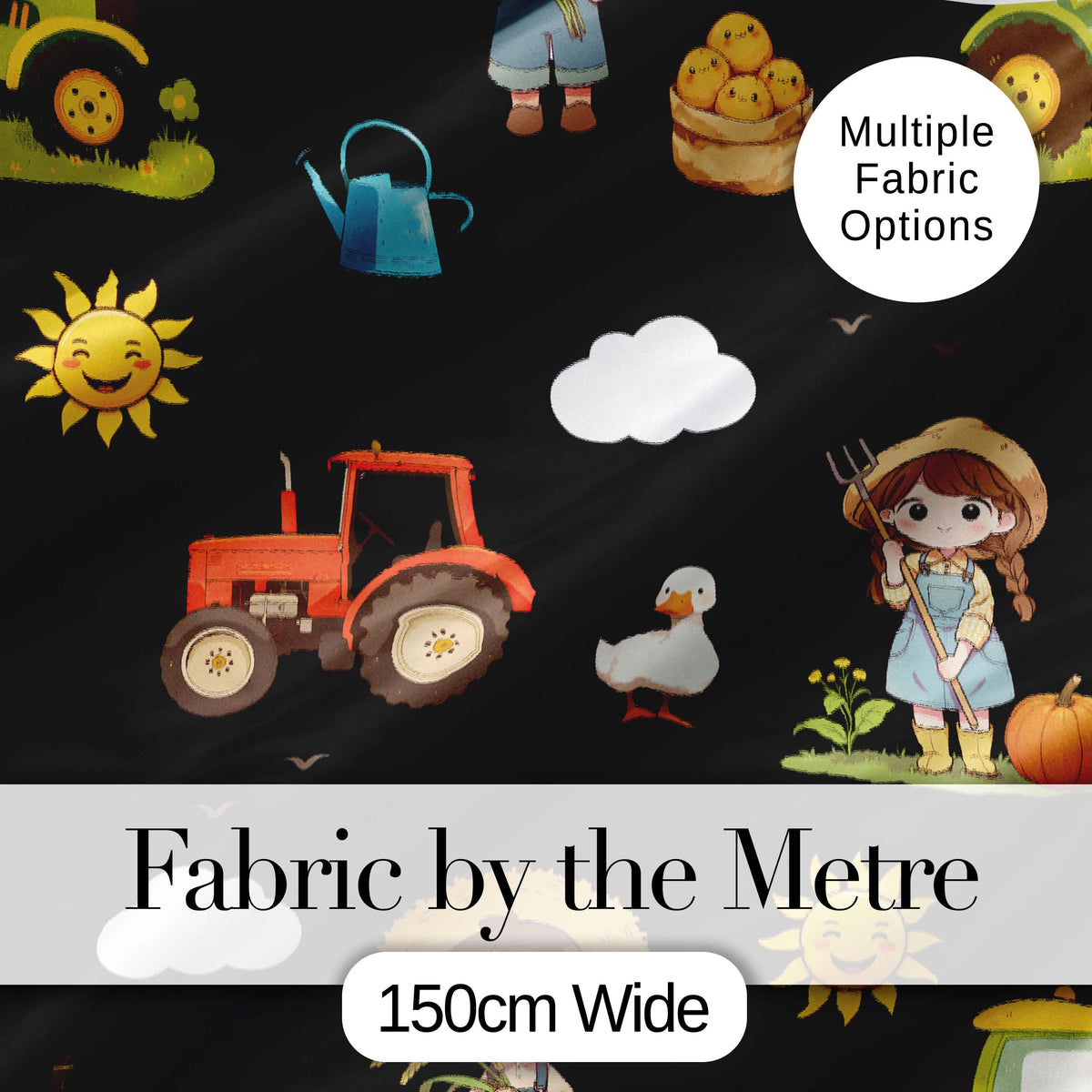 Cute Farm Tractor Duck Girl Farming Scene Black Background Seamless Pattern Digital Print Fabric by the Metre UK Sewing Quilting Textile