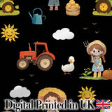 Cute Farm Tractor Duck Girl Farming Scene Black Background Seamless Pattern Digital Print Fabric by the Metre UK Sewing Quilting Textile