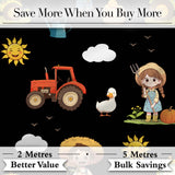 Cute Farm Tractor Duck Girl Farming Scene Black Background Seamless Pattern Digital Print Fabric by the Metre UK Sewing Quilting Textile