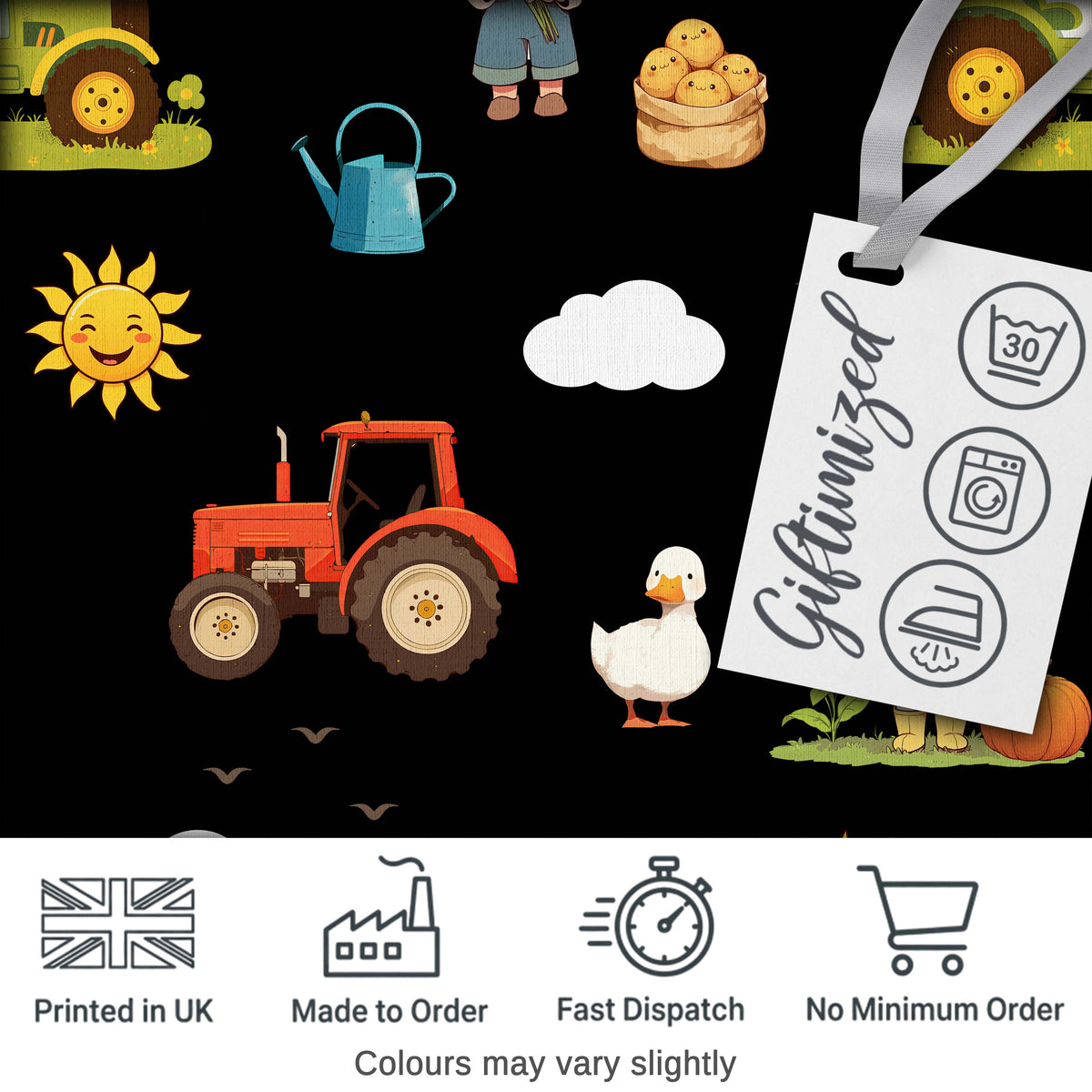 Cute Farm Tractor Duck Girl Farming Scene Black Background Seamless Pattern Digital Print Fabric by the Metre UK Sewing Quilting Textile