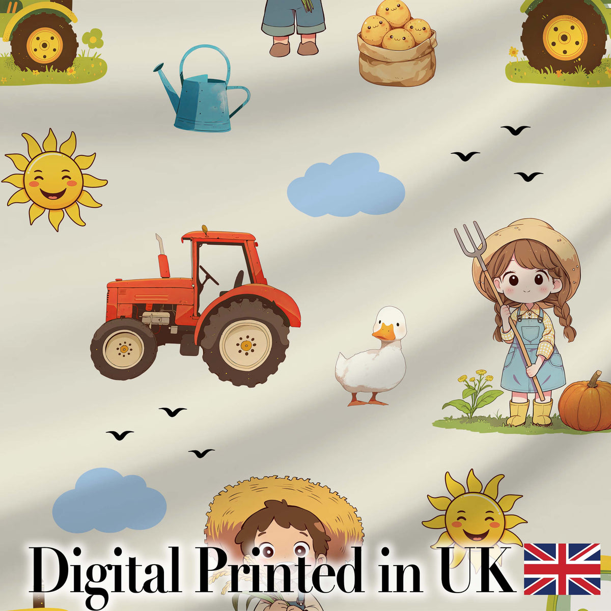 Cute Farm Tractor Duck Girl Farming Scene Cream Background Seamless Pattern Digital Print Fabric by the Metre UK Sewing Quilting Textile
