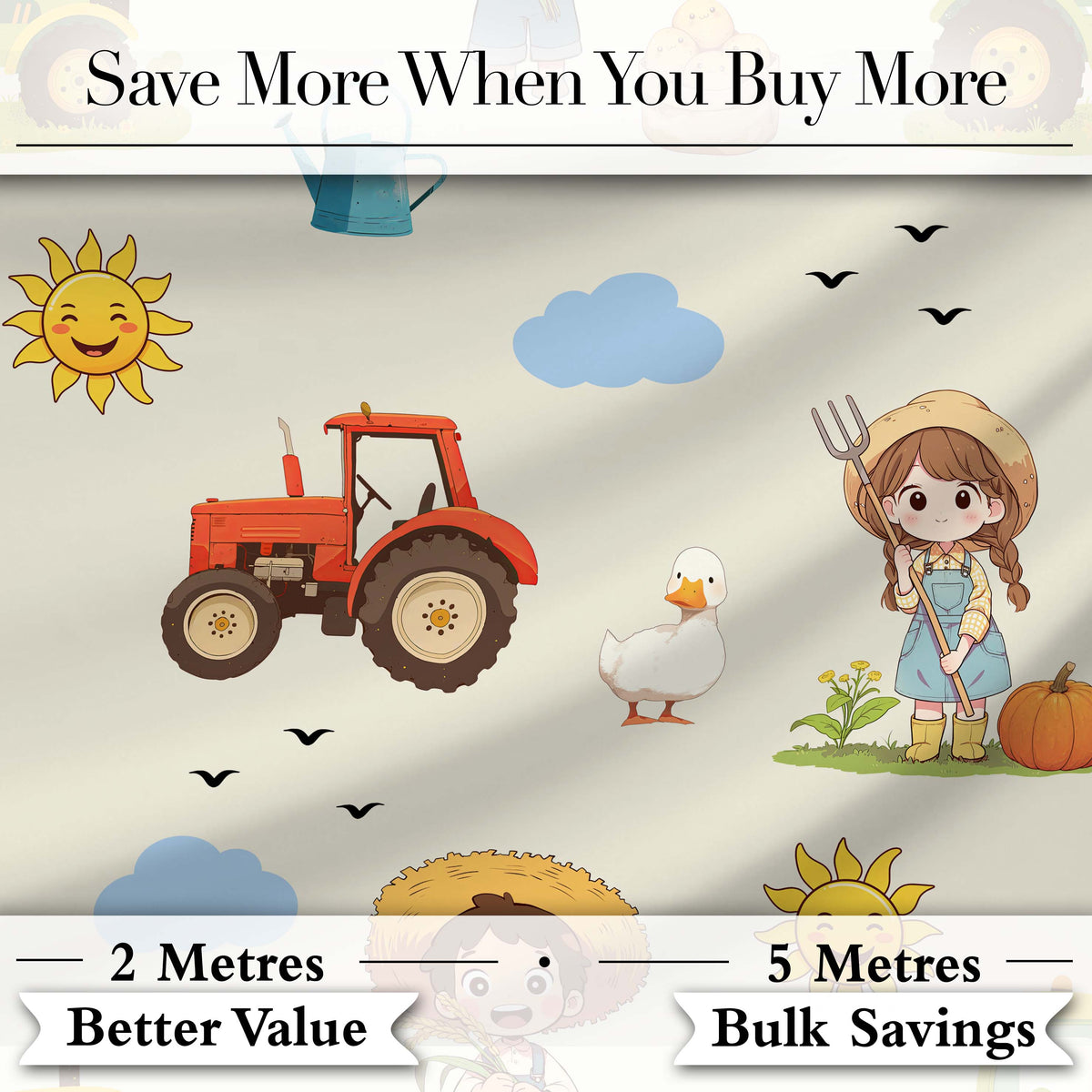 Cute Farm Tractor Duck Girl Farming Scene Cream Background Seamless Pattern Digital Print Fabric by the Metre UK Sewing Quilting Textile