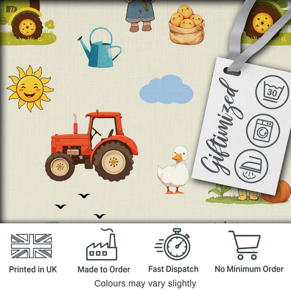 Cute Farm Tractor Duck Girl Farming Scene Cream Background Seamless Pattern Digital Print Fabric by the Metre UK Sewing Quilting Textile
