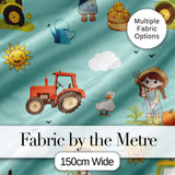 Cute Farm Tractor Duck Girl Sunny Field Teal Background Seamless Pattern Digital Print Fabric by the Metre UK Sewing Quilting Textile