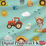 Cute Farm Tractor Duck Girl Sunny Field Teal Background Seamless Pattern Digital Print Fabric by the Metre UK Sewing Quilting Textile