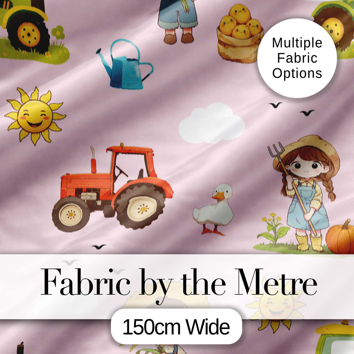 Cute Farm Tractor Duck Girl Sunny Field Pink Background Seamless Pattern Digital Print Fabric by the Metre UK Sewing Quilting Textile