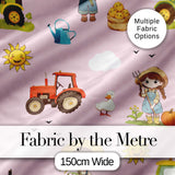 Cute Farm Tractor Duck Girl Sunny Field Pink Background Seamless Pattern Digital Print Fabric by the Metre UK Sewing Quilting Textile