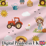 Cute Farm Tractor Duck Girl Sunny Field Pink Background Seamless Pattern Digital Print Fabric by the Metre UK Sewing Quilting Textile