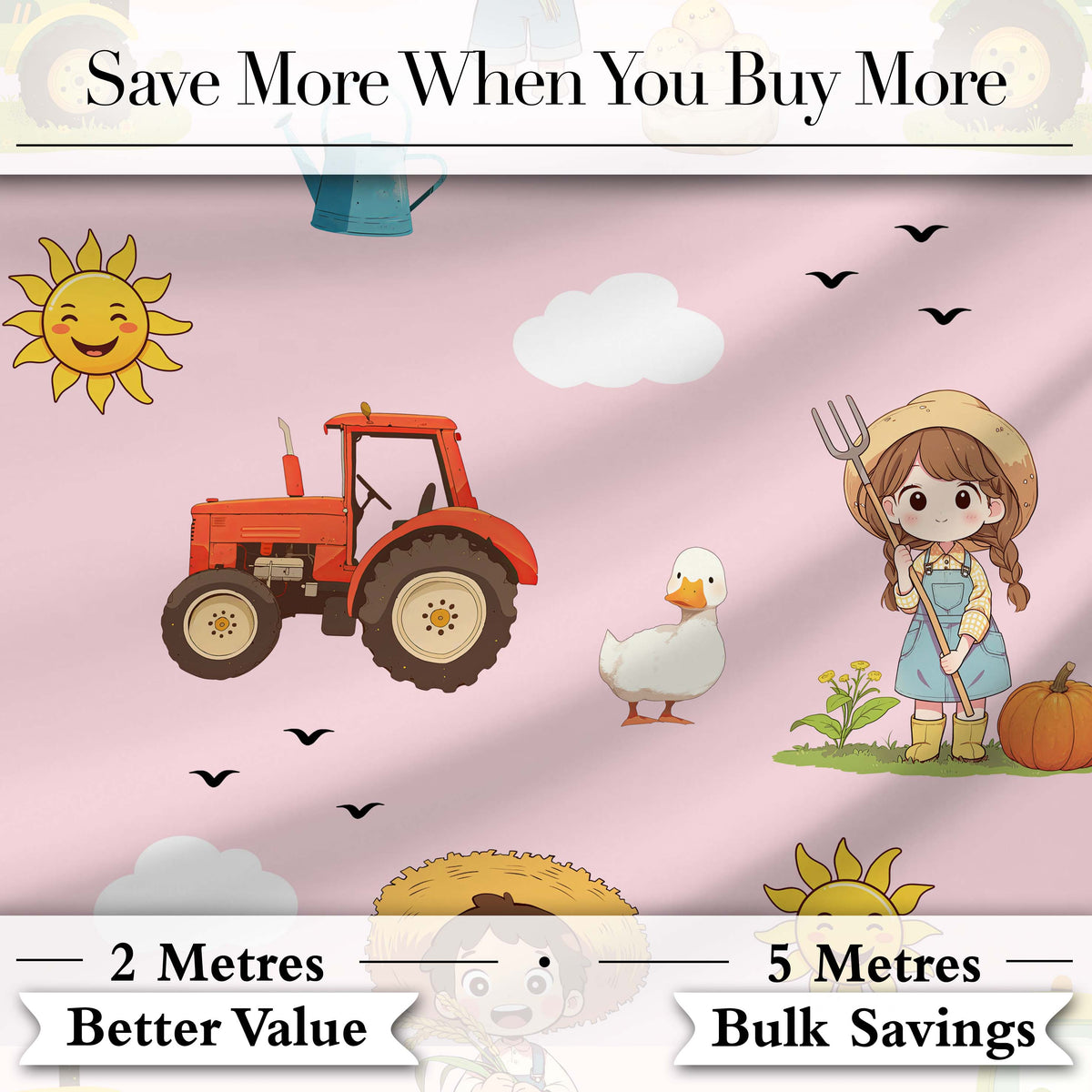 Cute Farm Tractor Duck Girl Sunny Field Pink Background Seamless Pattern Digital Print Fabric by the Metre UK Sewing Quilting Textile