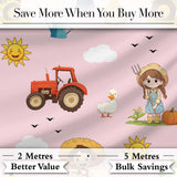 Cute Farm Tractor Duck Girl Sunny Field Pink Background Seamless Pattern Digital Print Fabric by the Metre UK Sewing Quilting Textile