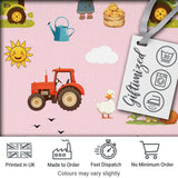 Cute Farm Tractor Duck Girl Sunny Field Pink Background Seamless Pattern Digital Print Fabric by the Metre UK Sewing Quilting Textile